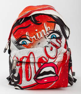 Moschino Milano Pop Art Drink Moschino Backpack: Moschino Milano "Drink Moschino" backpack bag with a Pop Art face design and zipper closure, marked "Made in Italy" inside. 16.5" L x 13.5" W x 6.75" D.