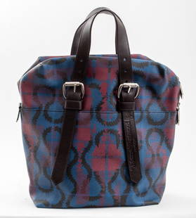 Vivienne Westwood Leather Tartan Print Handbag: Vivienne Westwood leather tote purse with a pink and blue abstract tartan print, marked "Vivienne Westwood / Accessories / Genuine Leather / made in Italy" to label inside. 16.5" H x 14" W x 5.5" D.