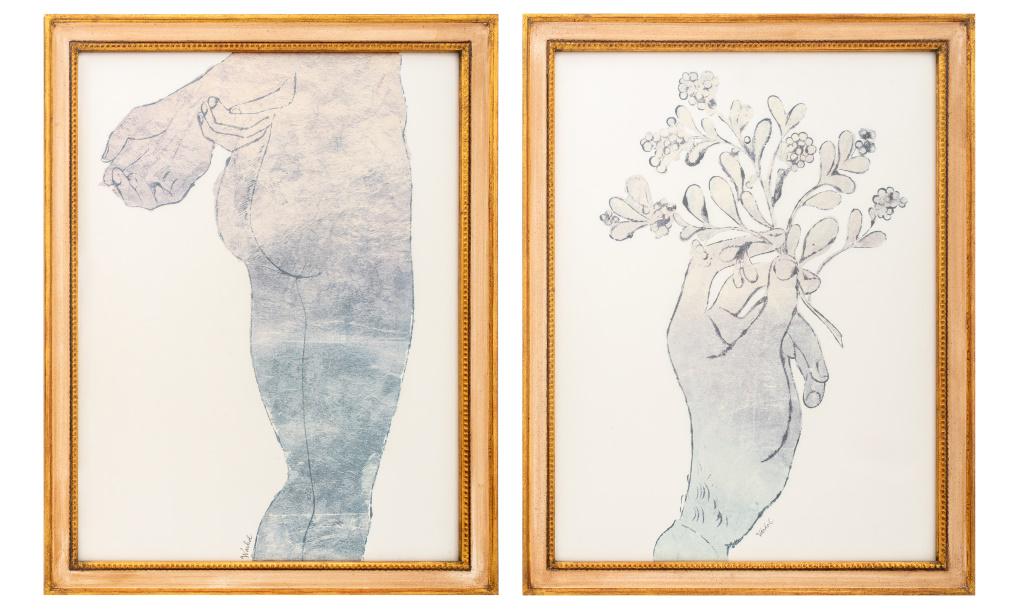 Andy Warhol Offset Lithographic Prints, 2: Two artworks by Andy Warhol (American, 1928-1987), "Golden Hand" and "Gold Leaf Nude," offset lithographic print reproductions, signed in plate, housed in cream and giltwood frames. Image: 22" H x 16.
