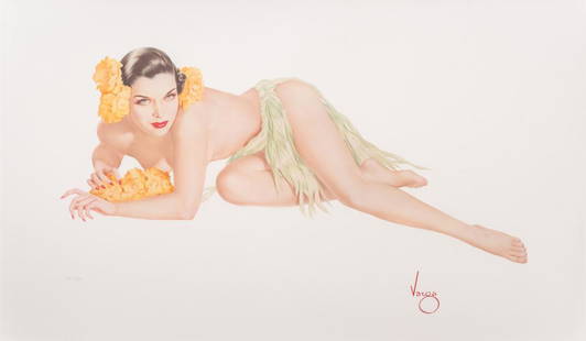 Alberto Vargas Pin-Up Lithograph: Alberto Vargas (Peruvian/American, 1896-1982) pin-up lithograph depicting a partially nude woman wearing a grass skirt with flowers in her hair, pencil numbered edition 72/200 and signed in plate