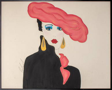 Julie A. Signed Pop Art Acrylic on Canvas, 1980s: Julie A. (American, XX) acrylic painting mixed media on canvas, 1980s, depicting a Pop Art portrait of an elegant lady with crystal glass collage element earrings, signed "Julie A" lower left, housed