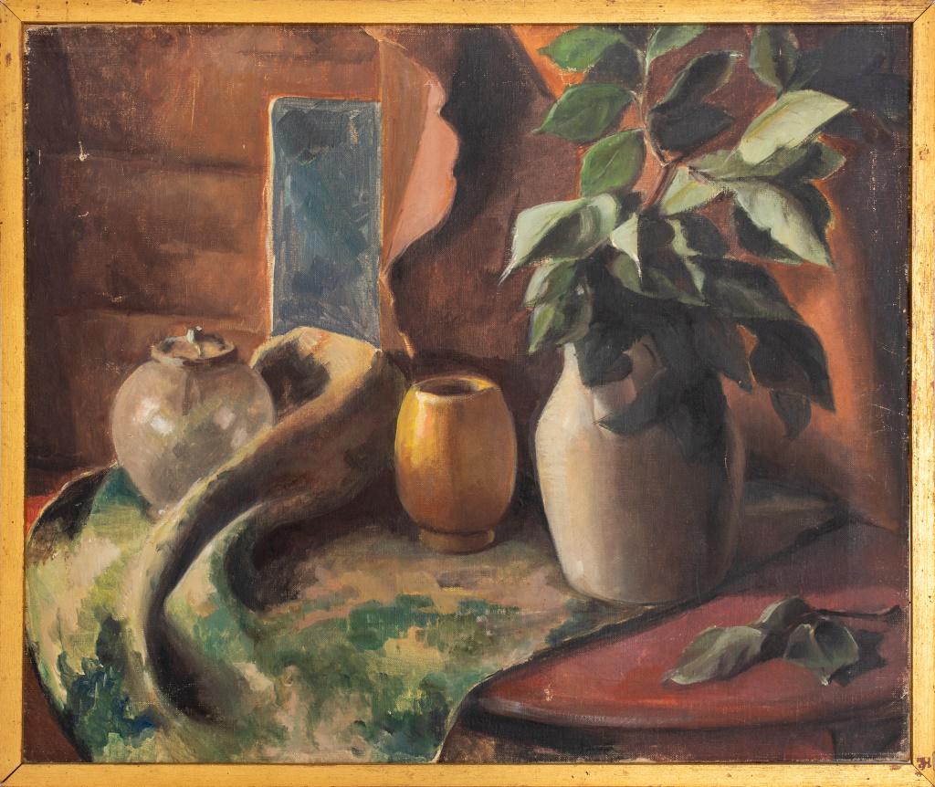 Dorothy Earls Still Life Oil on Canvas: Dorothy Earls (American, XX) oil on canvas painting depicting a still life scene, signed on reverse, housed in a giltwood frame. Image: 20" H x 23.75" W; frame: 21.25" H x 25" W. Provenance: Property 