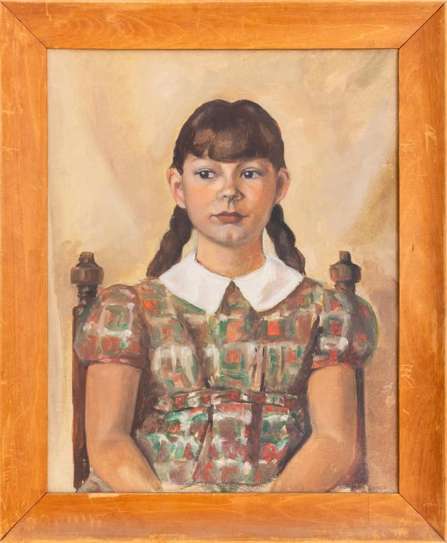 Dorothy Earls Portrait of a Girl Oil on Canvas: Dorothy Earls (American, XX) oil on canvas painting depicting the portrait of a young female figure, signed lower right, housed in a wooden frame. Image: 19.75" H x 15.5" W; frame: 23.5" H x 19.5" W. 