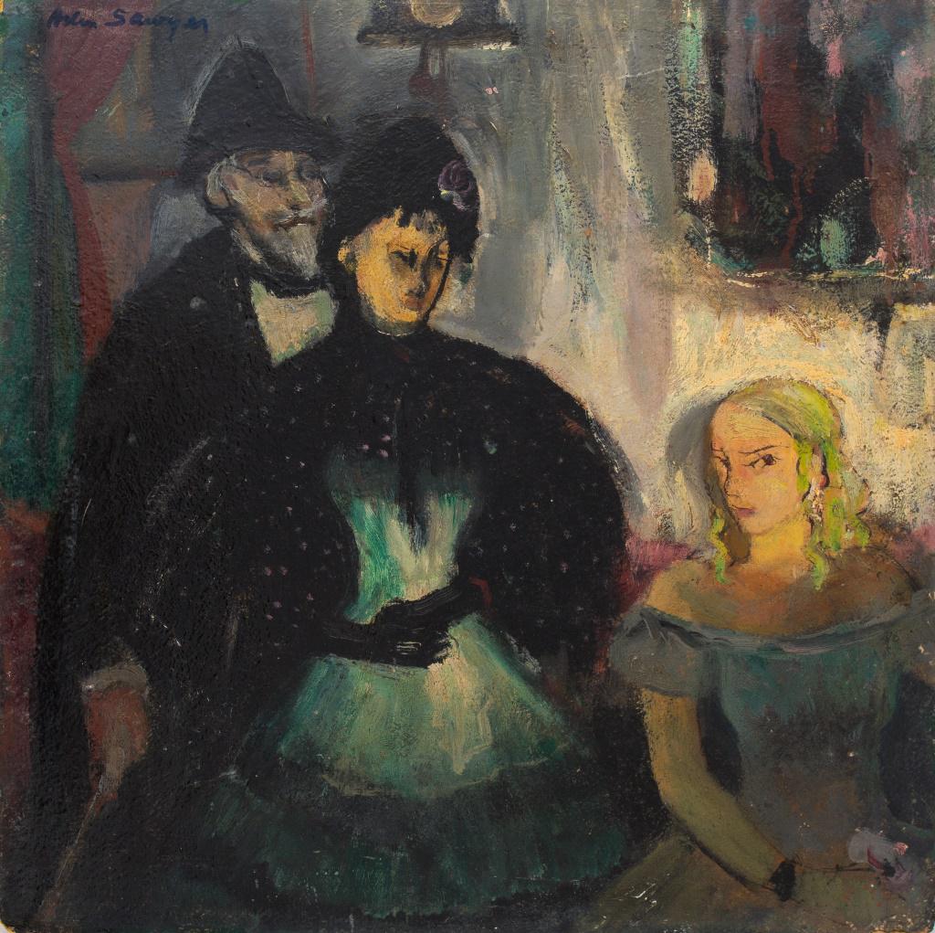 Helen Sawyer Figurative Oil on Masonite: Helen Sawyer (American, 1900-1999) oil painting on masonite depicting an interior scene with two ladies and a man, signed to upper left. 15.75" H x 15.75" W.