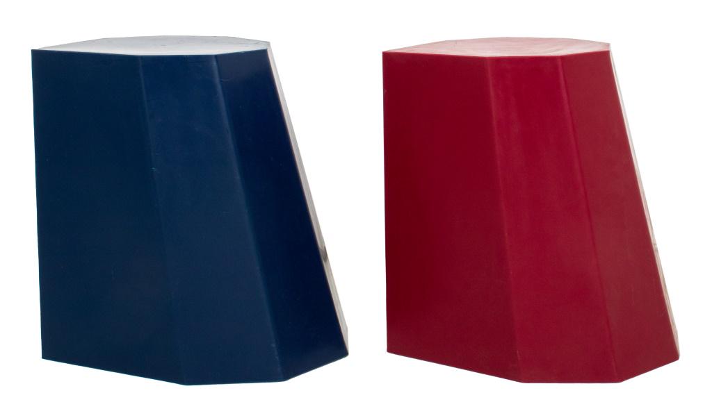 Martino Gamper for Arnold Circus II Stools, 2: Martino Gamper (Italian, b. 1971) Arnold Circus II stools, 2, designed in 2006, in red and blue, made of recyclable molded plastic #4, made in the UK, marked. 18" H x 17.5" W x 14.75" D.