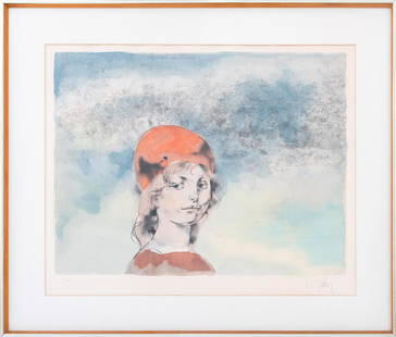 Endre Szasz Figure in Red Hat Lithograph in Colors: Endre Szasz (Hungarian, 1926-2003) lithograph in colors depicting the head of a young figure wearing a red hat against a painterly blue ground, pencil signed lower right and numbered edition 111/150 l