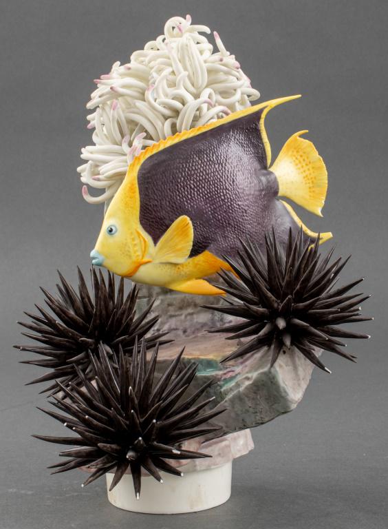 Ronald Van Ruyckevelt Royal Worcester Fish Group: Ronald Van Ruyckevelt (British, b. 1928) for Royal Worcester "Rock Beauty" ceramic bisque porcelain sculpture, 1963, depicting an angelfish, sea urchins, and anemone, marked "276 / ROCK BEAUTY / holac