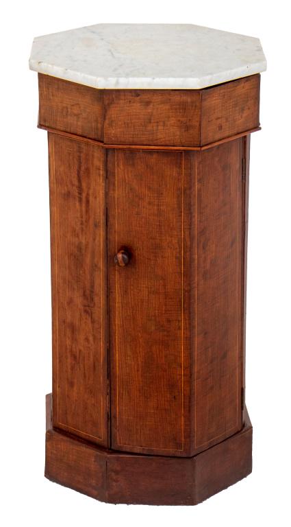 Neoclassical Octagonal Fruitwood Pedestal: Neoclassical octagonal inlaid fruitwood pedestal or nightstand having one door and one drawer, with white marble top. 30.5" H x 15" W x 15" D.