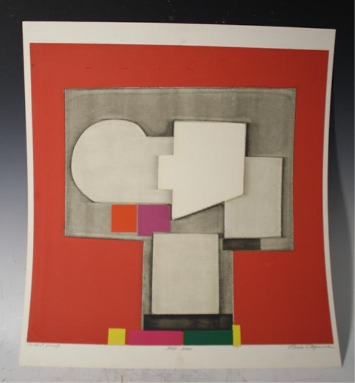 "Red Room" Silk Screen By Norio Azuma c 1970s: Red Room, oil on paper, silkscreen print, artist proof, Norio Azuma (New York/Japan, 1928-2004), ca. 1970s; signed and marked. Dimensions: overall 25"H x 22-1/2"W; image area 22"H x 21-3/4"W