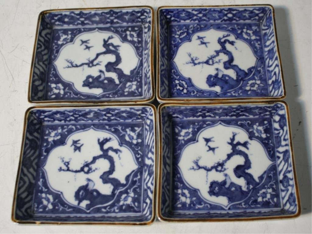 Set of 4 Japanese Kanzan Sometsuke Mukozuke Dishes: Set of four blue and white glazed Kanzan sometsuke mukozuke porcelain dishes with bird and flower scenes, Japan, Edo period (1615-1868), nineteenth century; marked. Dimensions: each 1-1/4"H x 5-1/4"W 