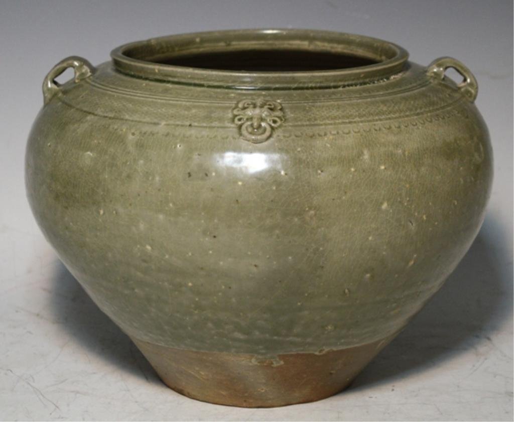 Chinese Yue Ware Celadon Vase: Yue ware celadon glazed vase with two handles, China; unmarked. Dimensions: 8"H x 11" diameter