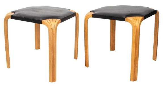 Alvar Aalto X-601 Modern Fan Leg Stools, Pr: Alvar Aalto (Finnish, 1898-1976) for Artek pair of Mid-Century Modern Model X-601 "Fan Leg" stools in birch wood with leather upholstered seats, unmarked. 17.75" H x 17.75" W x 17.75" W. Literature: A