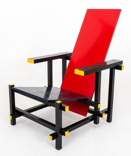 Gerrit Rietveld De Stijl Red Blue Chair: Gerrit Rietveld (Dutch, 1888-1964) De Stijl Red Blue Chair, originally designed in 1918 with red, blue, yellow, and black colors applied in 1923, this example produced later. 34.5" H x 24" W x 27" D;