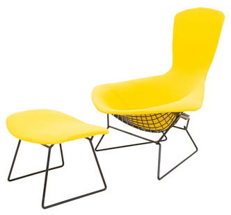 Harry Bertoia for Knoll Bird Lounge Chair & Stool: Harry Bertoia (Italian/American, 1915-1978) for Knoll Inc. "Bird" lounge chair and ottoman, originally designed in 1952, each with Knoll Inc. label to undersides and upholstered in canary yellow. Chai