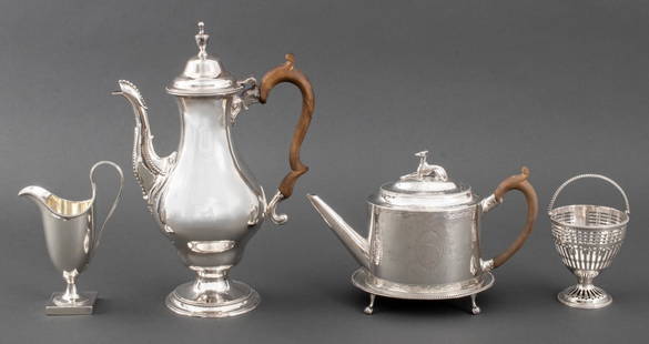 George III Sterling Silver Tea Set, 5 pcs., 1780s: George III assembled sterling silver tea and coffee set, struck to underside with the maker's marks of Hester Bateman, London, and each with date marks from 1782-1786, all with beaded borders, and