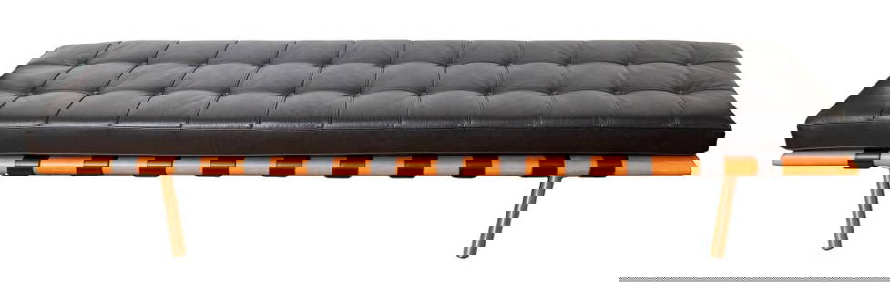 Mies Van Der Rohe Manner Barcelona Bench: Ludwig Mies Van der Rohe (German/American, 1886-1969) manner modern stretched Barcelona bench with black leather tufted upholstered seat on metal and wood frame. 16.5" H x 77" W x 20" D.