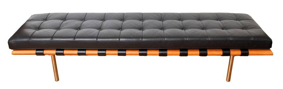 Mies Van Der Rohe Manner Barcelona Bench: Ludwig Mies Van der Rohe (German/American, 1886-1969) manner modern stretched Barcelona bench with black leather tufted upholstered seat on metal and wood frame. 16.5" H x 77" W x 20" D.