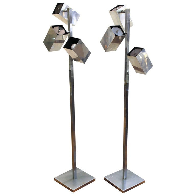 Sonneman Koch & Lowy Modernist Chrome Floor Lamps: Robert Sonneman (American, b. 1943) for Koch & Lowy pair of Modernist floor lamps in polished chrome, each with three pivoting shades. 59" H x 14" W x 14" D.
