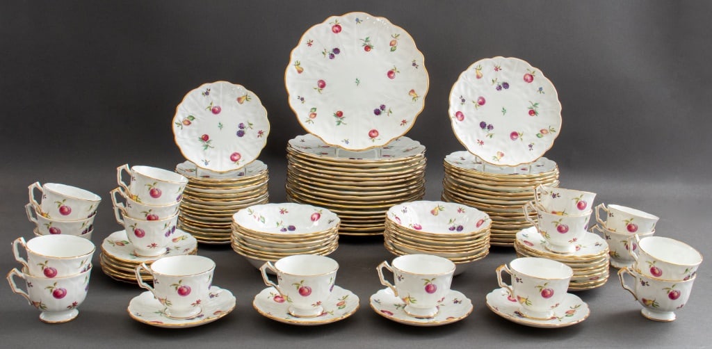 Aynsley Bone China "Florida" Dinner Service for 14: Aynsley bone china dinner service for 16 in the "Florida White" pattern, originally introduced in the 1930s, the service circa 1939, comprising: eighteen (18) dinner plates, eighteen (18) luncheon pla