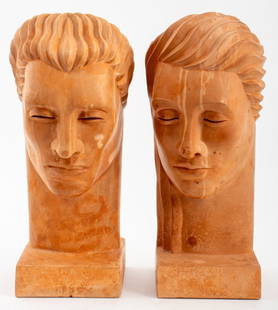 Lora Marx "Tavern Club: Male & Female" Sculptures: Pair of Lora Marx (American, 1900-1989) "Tavern Club" Art Deco terracotta bust architectural element sculptures, circa 1930-40, one female head and one male head, apparently unsigned. Each: 19" H x 7"