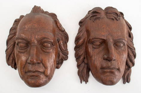 Goethe & Schiller Carved Oak Masques: Pair of carved oak wood mask sculptures depicting Johann Wolfgang von Goethe (German, 1749-1832) and Johann Christoph Friedrich von Schiller (German, 1759-1805), first half twentieth century or earlie