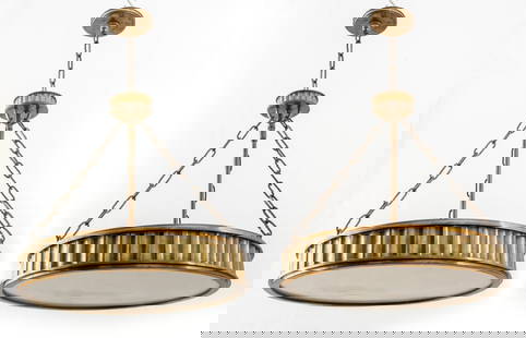 Art Deco Bronze Pendant Chandeliers, Pr: Art Deco pair of bronze pendant chandeliers in fluted drum shape, with inlay opaque glass shade. 32" H x 22" diameter.
