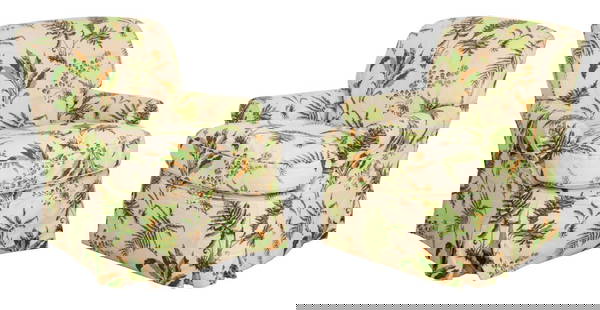 Parrish-Hadley Botanical Slipcovered Club Chairs 2: Pair of small club chairs by Parrish-Hadley, covered in Elsie de Wolfe-inspired botanical fern printed cotton linen, likely Brunschwig & Fils. Some light staining. 31" H x 31" W x 27" D; seat: 17.5" H