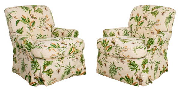 Parrish-Hadley Botanical Slipcovered Club Chairs 2: Pair of small club chairs by Parrish-Hadley, covered in Elsie de Wolfe-inspired botanical fern printed cotton linen, likely Brunschwig & Fils. Some light staining. 31" H x 31" W x 27" D; seat: 17.5" H