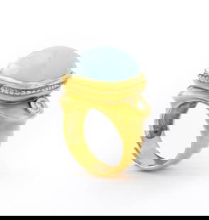 SeidenGang Athena 18K Aquamarine Diamond Ring: SeidenGang Athena ring, fabricated in 18K yellow gold, featuring one aquamarine sugarloaf cabochon weighing approx. 10.00 carats, adorned with two round brilliant cut diamonds weighing a total of appr