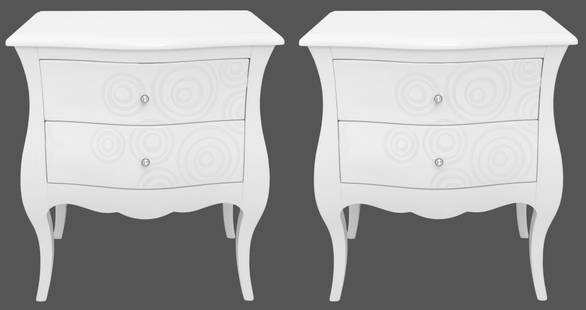 Baroque Revival Two Drawer Bombe End Tables, Pair: Baroque Revival two-drawer petit commode form bombe end tables, with shaped rectangular tops, lacquered white with spiral motifs, the pulls gem set. 24" H x 20" W x 12" D. Note: This item is only avai