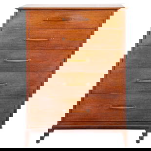 Mid-Century Modern Walnut Dresser, 1960s: Mid-Century Modern walnut and mahogany wood five-drawer dresser, possibly Danish, with rectangular banded top above five drawers with oblong turned pulls, apparently unsigned, likely 1960s. 48" H x 36