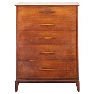 Mid-Century Modern Walnut Dresser, 1960s: Mid-Century Modern walnut and mahogany wood five-drawer dresser, possibly Danish, with rectangular banded top above five drawers with oblong turned pulls, apparently unsigned, likely 1960s. 48" H x 36