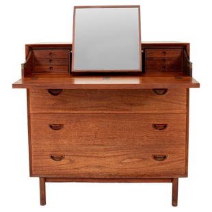 Danish Modern Cherry Wood Vanity Desk Dresser: Danish Mid-Century Modern cherry wood dresser, the top drawer opening to reveal a desk surface and vanity mirror flanked by three small drawers, above three long drawers and upon four tubular feet. 37