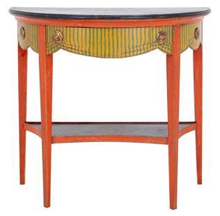 Italian Neoclassical Style Demilune Console: Italian Neoclassical style trompe l'loeil painted demilune console, with typical d-form top in faux jasper stone, above a shaped apron cut and decorated to appear as striped silk skirting held in plac