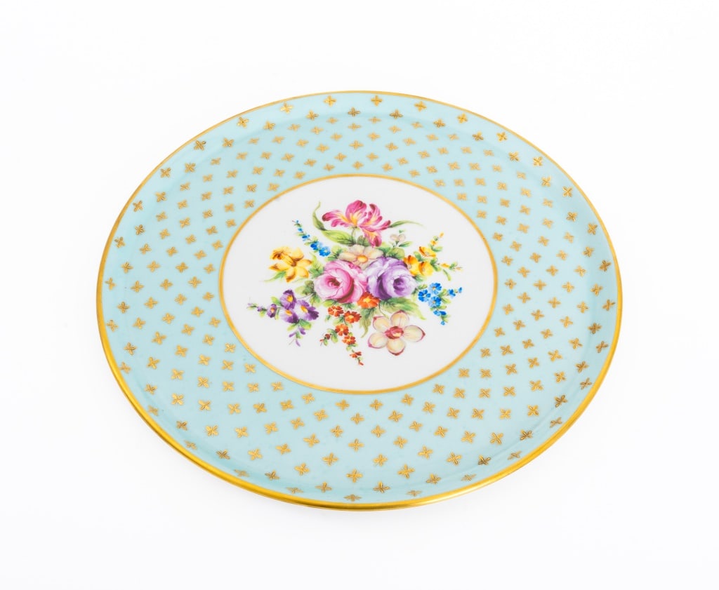 Le Tallec Louis XVI Style Porcelain Plateau: Atelier Camille Le Tallec plateau in the Louis XVI taste, the underside inscribed "dessine et peint entierement peint a la main par Le Tallec a Paris France" in iron red and with Le Tallec date and pa