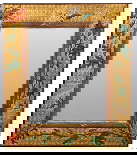 Aesthetic Style Polychrome & Gilt Wood Mirror: Aesthetic Movement style carved and polychrome painted wood mirror, the frame with chrysanthemum flowers in high relief on a gilt basket weave design ground. Looking glass: 19.5" H x 15.5" W; frame: 3