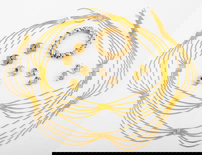 Christian Dior Gold-Tone Metal Jewelry, 7 Pieces: Group of seven pieces of Christian Dior gold-tone metal jewelry comprising four (4) pairs of clip earrings, two (2) multi-strand belts, and one (1) spiral form bracelet, all marked. Belt: 31.25" L.
