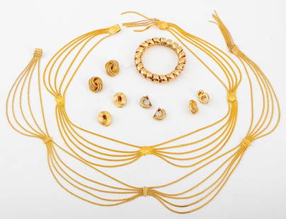 Christian Dior Gold-Tone Metal Jewelry, 7 Pieces: Group of seven pieces of Christian Dior gold-tone metal jewelry comprising four (4) pairs of clip earrings, two (2) multi-strand belts, and one (1) spiral form bracelet, all marked. Belt: 31.25" L.