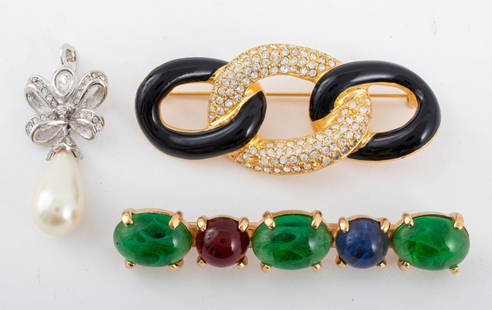 Christian Dior Jewelry, 3 Pieces: Group lot of Christian Dior jewelry comprising one gold-tone metal brooch with five polychrome gripoix art glass cabochons, marked "Chr. Dior" to reverse, one gold-tone metal pin with chain link desig
