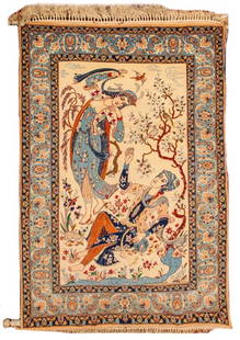 Persian Isfahan Pictorial Rug, 6' 5" x 3' x 6": Persian Isfahan carpet with central figural scene of lovers and birds amongst a landscape. 6' 5" H x 3' 6" W.