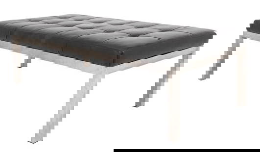 Knoll Manner Black Leather and Chrome Bench: Knoll manner black leather and chrome bench, rectangular, the sewn black leather top above a chrome rectangular frame, Room & Board "Ravella" bench. 16" H x 56" W x 24" D. Note: This item is only avai