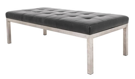 Knoll Manner Black Leather and Chrome Bench: Knoll manner black leather and chrome bench, rectangular, the sewn black leather top above a chrome rectangular frame, Room & Board "Ravella" bench. 16" H x 56" W x 24" D. Note: This item is only avai