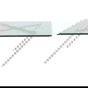 Mies van der Rohe Barcelona Glass Top Table: Ludwig Mies van der Rohe (German/American, 1886-1969) Mid-Century Modern "Barcelona" table, X-form chrome plated steel frame with square glass top. 19" H x 40" W x 40" D. Note: This item is only avail