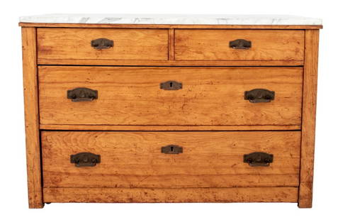 Mission Manner Marble Top Wood Dresser: Arts and Crafts / Mission style hardwood dresser with two short drawers above two long drawers, with Art Deco manner brass pulls and Carrara marble top. 27.25" H x 41.25" W x 22" D. Provenance: Proper