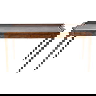 Art Deco Style Caviar Leather Inset Desk: Art Deco style brown caviar leather inset desk, with three galleried sides (31" H) above a rectangular writing surface, the front with three short drawers above tapering square legs. 29" H x 61" W x 3