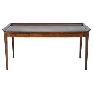 Art Deco Style Caviar Leather Inset Desk: Art Deco style brown caviar leather inset desk, with three galleried sides (31" H) above a rectangular writing surface, the front with three short drawers above tapering square legs. 29" H x 61" W x 3