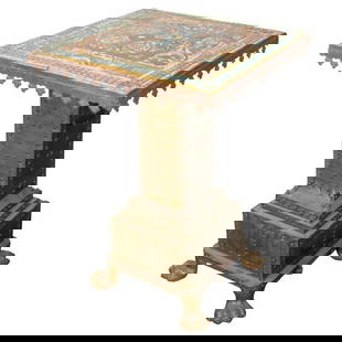 Gothic Revival Faience Top Table: Mediterranean, possibly Spanish or Portuguese, Gothic Revival table, the tiered brass base with studded elements, the top with sheet iron metal frame inset with faience ceramic tiles hand-painted with
