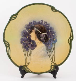 Mettlach Jugendstil Ceramic Charger, ca. 1900: Mettlach German Jugendstil / Art Nouveau glazed ceramic earthenware art pottery portrait plaque charger, circa 1900, the large platter with irregular edges decorated with green whiplash devices center