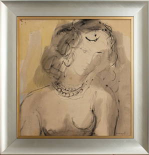 Rajmund Kanelba Portrait of a Woman Ink on Paper: Rajmund Kanelba (Polish, 1897-1960) ink drawing and watercolor gouache painting on paper depicting the portrait of a female figure, signed lower right, housed under glass in a silvered wood frame.