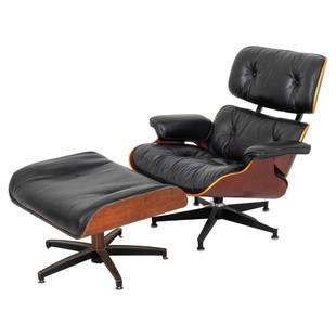 Eames for Herman Miller Lounge Chair & Ottoman: Eames for Herman Miller Mid-Century Modern lounge chair and associated ottoman with black leather upholstery, makers label and patent label on the bottoms of each, the chair modern, the ottoman